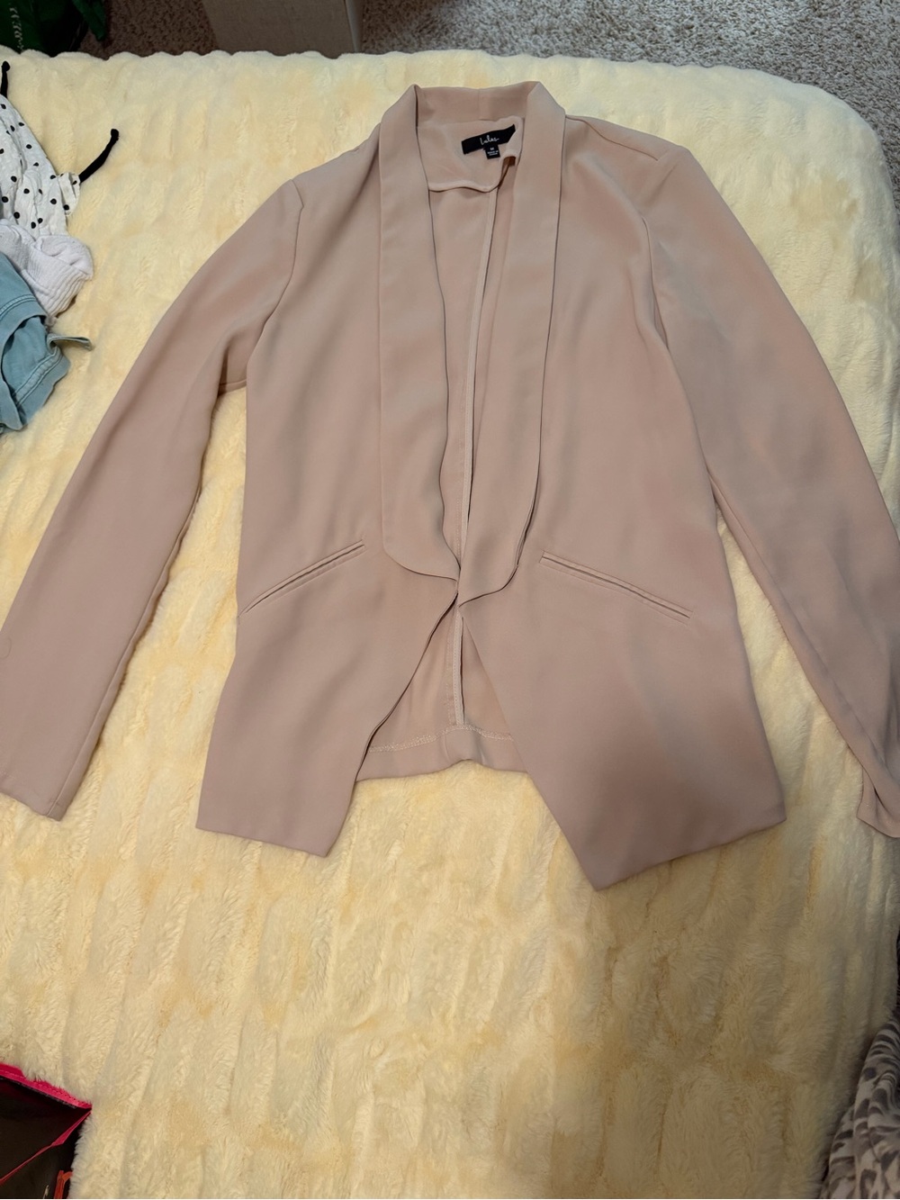 Lulu's Blush Pink/Tan Draped Open-Front Blazer Jacket
